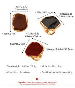 Detailed size specifications for vintage irregular square enamel rings in gold finish