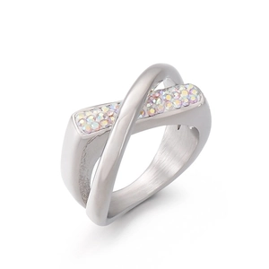 Crossed woven stainless steel ring with colorful rhinestones on a white background