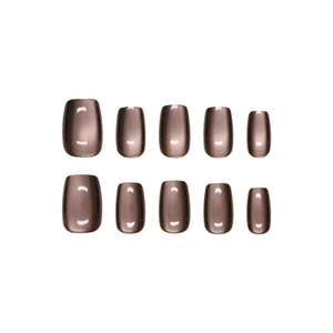Short square cat eye press-on nails in deep brown with shimmering metallic finish