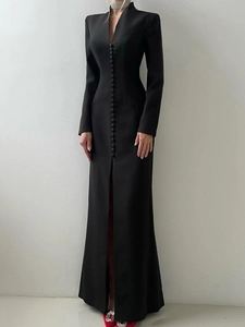 Elegant black V-neck maxi dress with long sleeves and front buttons featuring a high slit