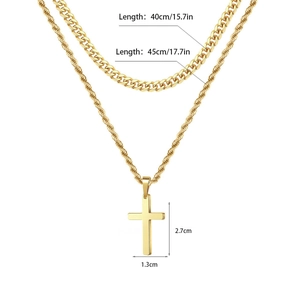 Collier double épaisseur doré avec croix et dimensions des chaînes cubaine et torsadée