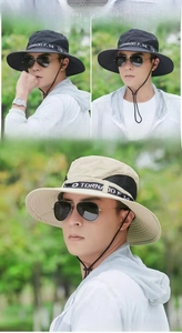 Detail of outdoor sun hats with mesh panels and adjustable wind ropes in black and khaki