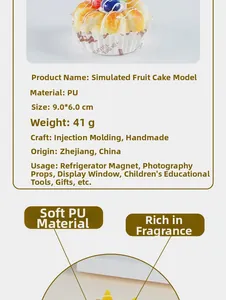 Macro shot of artificial PU fruit cake model with detailed size 9x6cm and weight 41g info