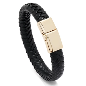 Classic woven black leather bracelet with rectangular gold magnetic metal clasp on white background