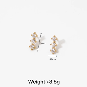 Elegant gold stainless steel zircon stud earrings with triple clear stones and 12mm length