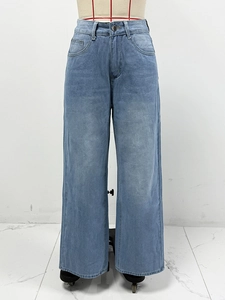 Front view of high-waisted wide-leg denim jeans in light blue wash on a mannequin