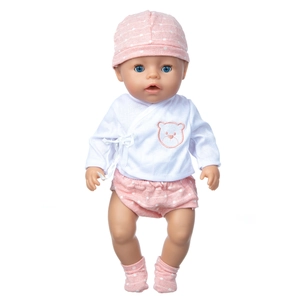Realistic 18-inch baby doll in pink and white bear outfit on a white background