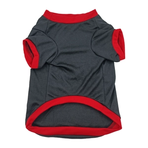 Detail view of breathable black pet t-shirt with red ribbed edges and stitching