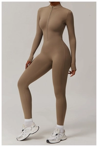 Detail view of mocha brown fleece-lined yoga jumpsuit with half-zipper stand collar