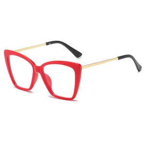 Monture de lunettes œil de chat rouge avec branches en métal doré et embouts noirs