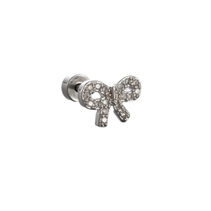 Silver titanium steel bow stud earring with sparkling zircons on white background