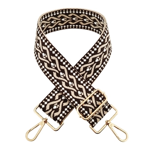 Close-up of 5cm wide woven shoulder strap with geometric patterns and gold hardware