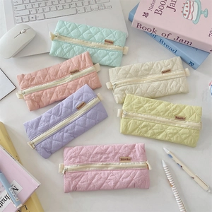 Quilted Diamond Pattern Pencil Case Macaron Color Soft Polyester Stationery Pouch Zipper Organizer For Students
