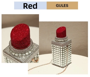 Detail of red rhinestone lipstick evening bag with gold chain and luxury crystal bottom