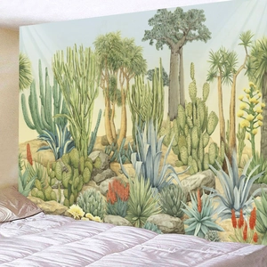 Tropical desert landscape tapestry with cactus and succulent watercolor wall decor