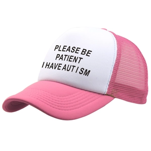 Pink and white autism awareness trucker hat with 'PLEASE BE PATIENT' slogan print