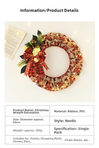 Detail of Christmas burlap wreath with LED lights, pine cones and red ribbons