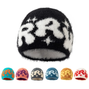Winter mohair knit beanie with letter R jacquard pattern and star motifs in 7 colors