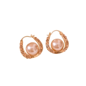 French luxury gold U-shaped hoop earrings with large pearl and sparkling rhinestones
