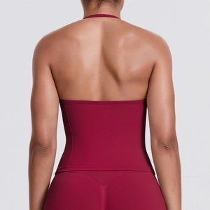 Detailed back view of a wine red seamless sports set with halter top and high waist leggings