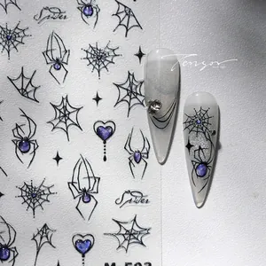 Macro shot of Halloween spider web nail stickers with purple and blue glitter glitter accents