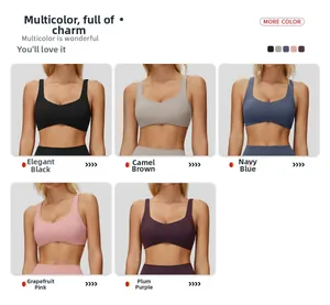 Detail view of criss-cross back sports bra showing five matte colors and seamless texture
