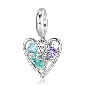 S925 sterling silver hollow heart pendant with colorful zircon stones on white background