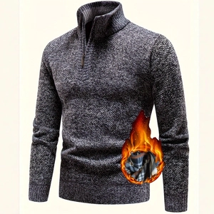 Men Half-Zip Pullover Sweater Thick Fleece Lined Stand Collar Polyester Knitted Jacket Winter Warm Casual Slim Fit