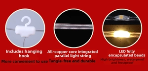 Detail of LED star lights showing waterproof lamp beads, copper wires, and white hooks
