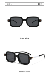 Front and side view of square sunglasses featuring white temples and sphere detail