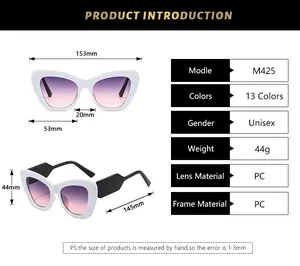 Detailed size chart and specifications for cat-eye sunglasses with gradient purple lenses