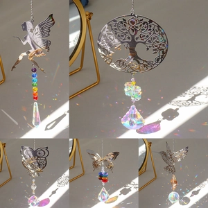 Five-piece crystal suncatcher set with hummingbird and tree of life metal charms