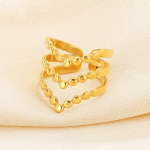 Macro shot of 18K gold plated stainless steel tiered bead ring with V-shaped design