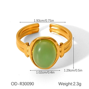 Detailed view of oval green stone ring in gold stainless steel with size measurements