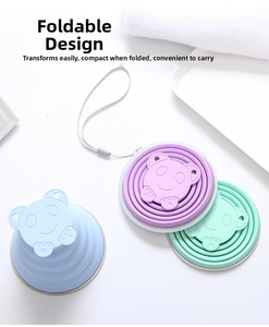 Collapsible silicone travel cups in blue and purple showing folded and unfolded states