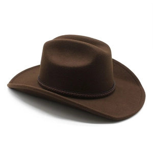 Classic dark brown felt cowboy hat with braided leather band on white background