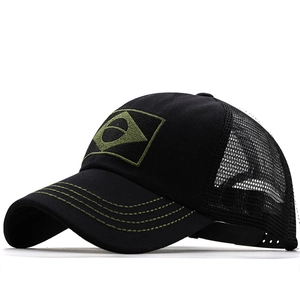 Black Brazil flag style trucker hat with green mesh back and adjustable strap closure