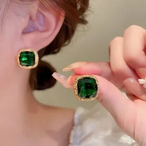 Square Emerald Zircon Stud Earrings Copper 925 Sterling Silver Earring Post French Vintage Light Luxury For Women
