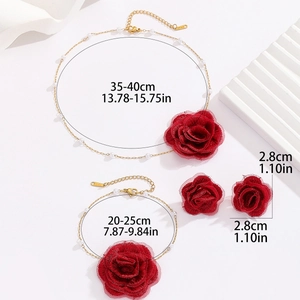 Elegant 18K gold stainless steel jewelry set with red fabric roses including measurements