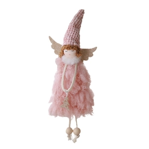 Pink plush Christmas angel doll with golden sequin wings and knit hat decoration