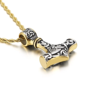Vintage Thor's Mjolnir hammer necklace for men with gold and silver two-tone skull relief
