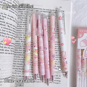 Close-up of 0.5mm blue erasable gel pens with cute pink fox cartoon patterns on a book