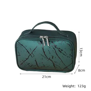 Detail view of green marble cosmetic bag showing top handle and dual zippers