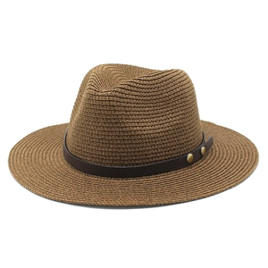 Classic dark brown straw fedora hat for sun protection with decorative leather band