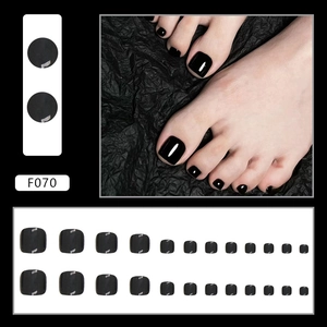 Glossy black press-on toe nails with silver reflective lines 24pcs full set display