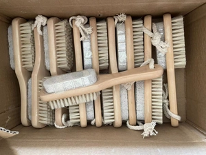 Bulk pack of dual-sided wooden foot brushes with white bristles and grey pumice stones