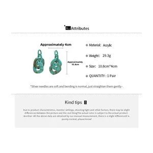 Size chart showing dimensions for acrylic square oval tassel drop earrings with silver pins