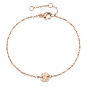 Elegant rose gold chain bracelet with hammered round pendant and lobster clasp detail