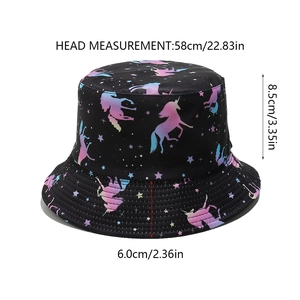 Detailed size measurement chart for black bucket hat with unicorn and stars print