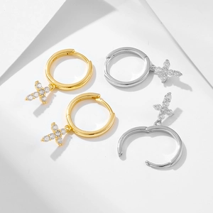 S925 sterling silver hoop earrings with diamond-encrusted cross pendants in gold and silver